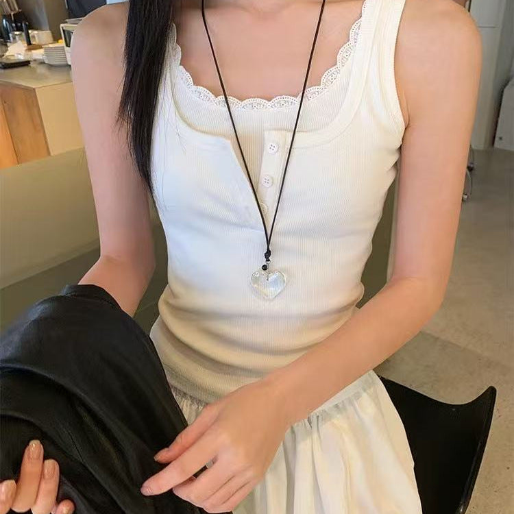 Womens Lace-trimmed Mock Two-Piece I-Back Tank Top