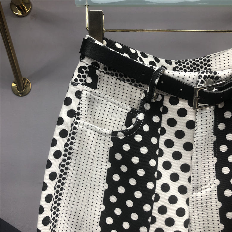 Women's Versatile Polka Dot Printed And Dyed Denim Trousers