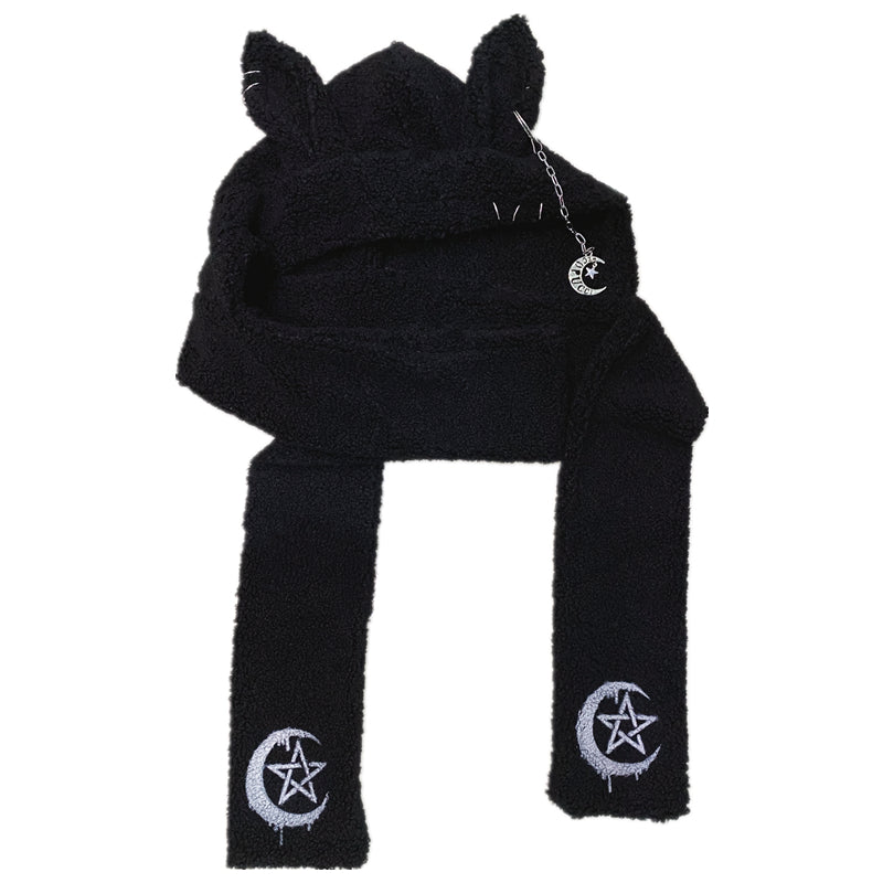Punk Rabbit Ear Hat Chain Cross Long Lamb Wool Scarf Hard Girl