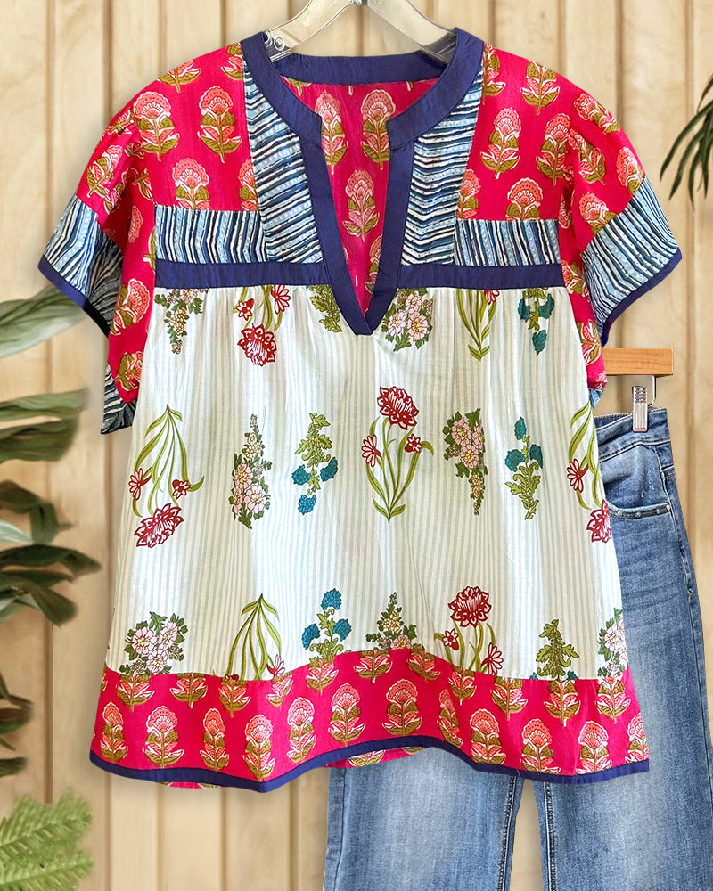 Summer New Women's Loose Casual Print Round Neck Shirt