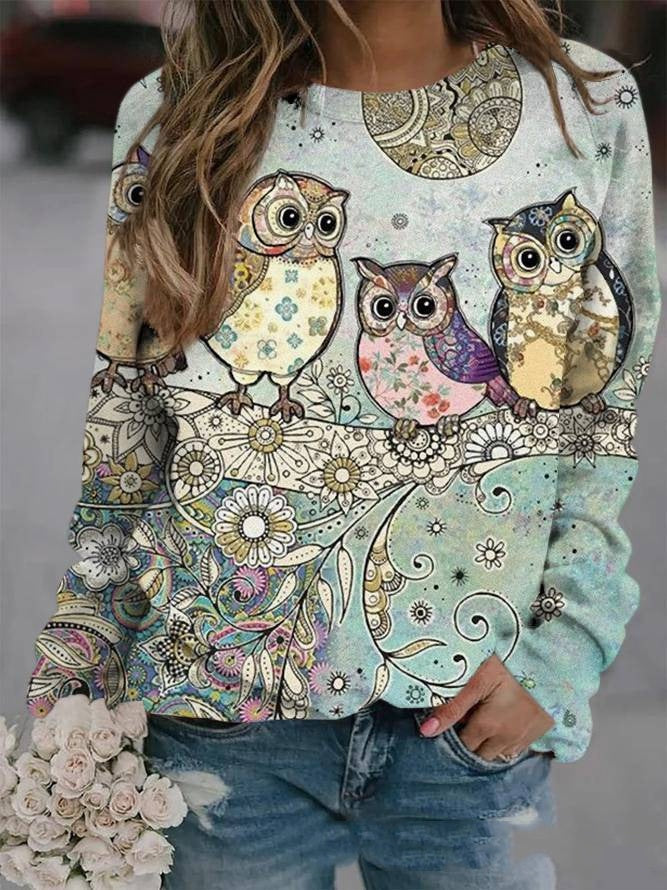 Autumn Animal Graphic Print Crew Neck Raglan Long-sleeved Top