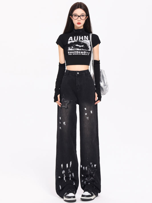 Koreansk Stil Retro XINGX Broderede Jeans Efterår Og Vinter Nye Højtaljede Splash-ink Brede Ben Lige Moppebukser