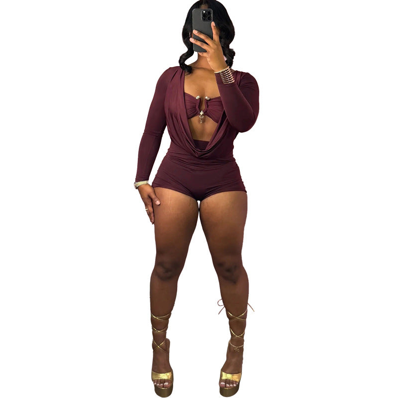 Deep V-neck Low Cut Solid Color Slim Fit Slimming Jumpsuit