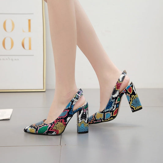 Color Snake Print Thick Heel Pointed High Heeled Shoes Women