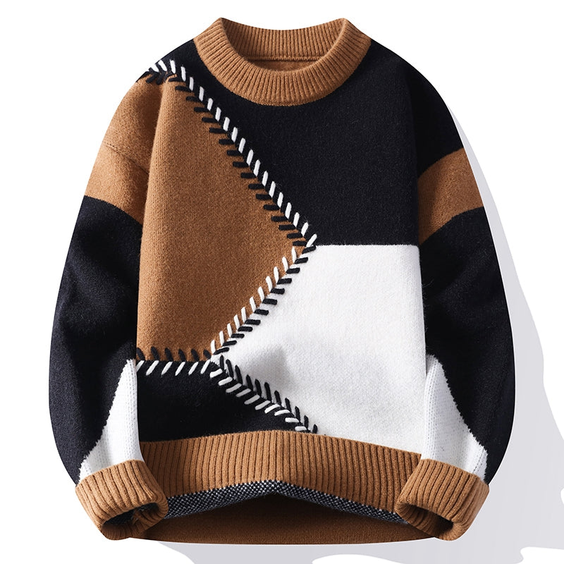 Efterår og vinter rundhalset sweater herre casual alsidig kontrastfarvet