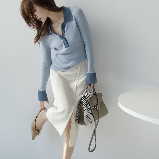 French Style Polo Collar Knitted Bottoming Shirt Long Sleeve Contrast Color Slim Fit Sweater