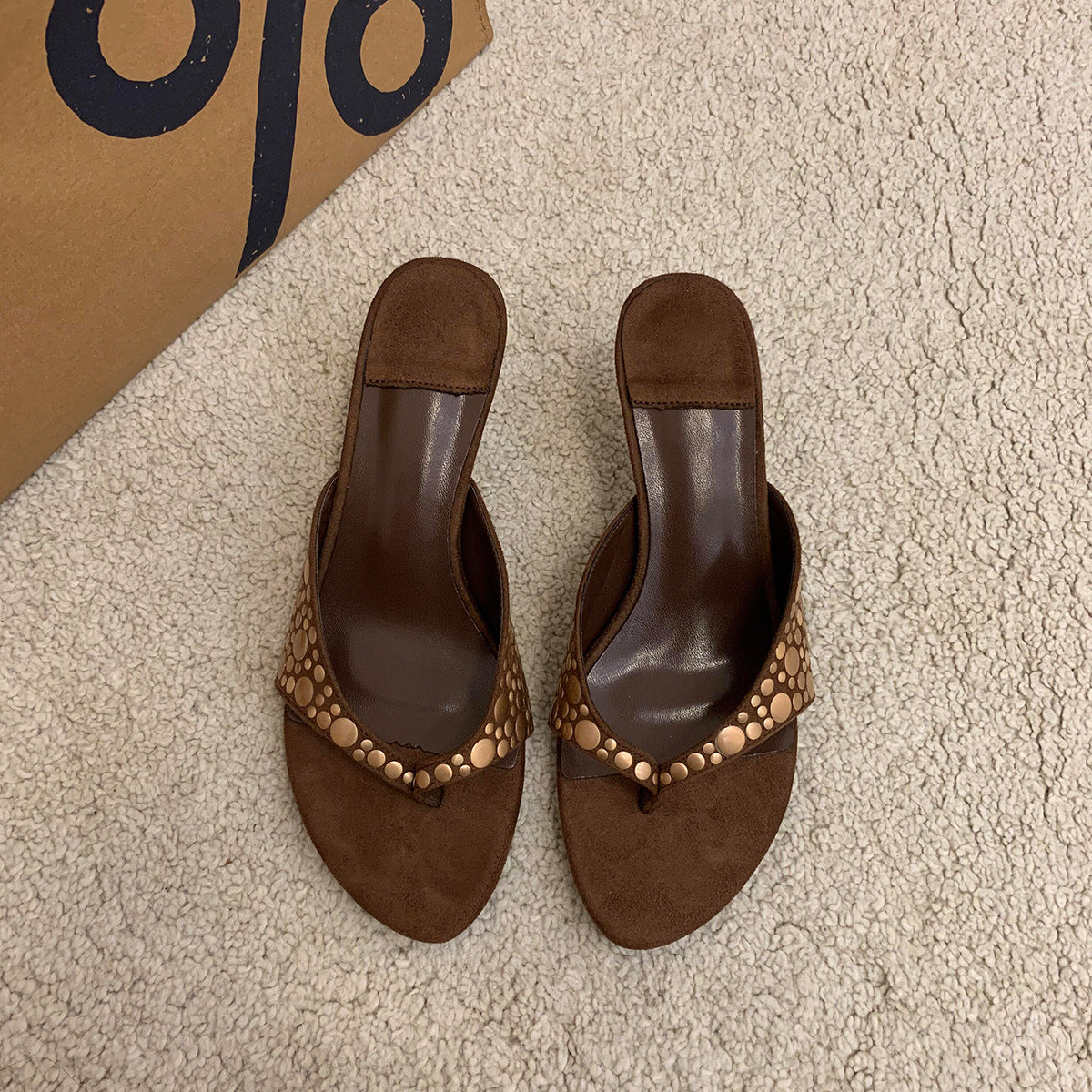 Retro Rivet Suede Stiletto Heel Flip-flops Women's High Heels