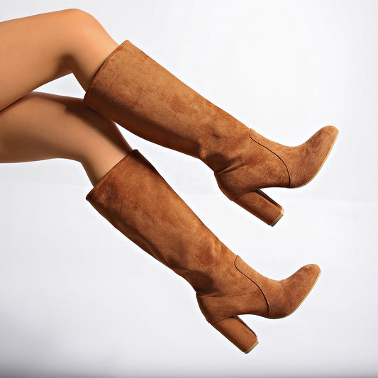 Suede Pleated High Thick Heel Pointed Toe Large Size Sleeve Boots