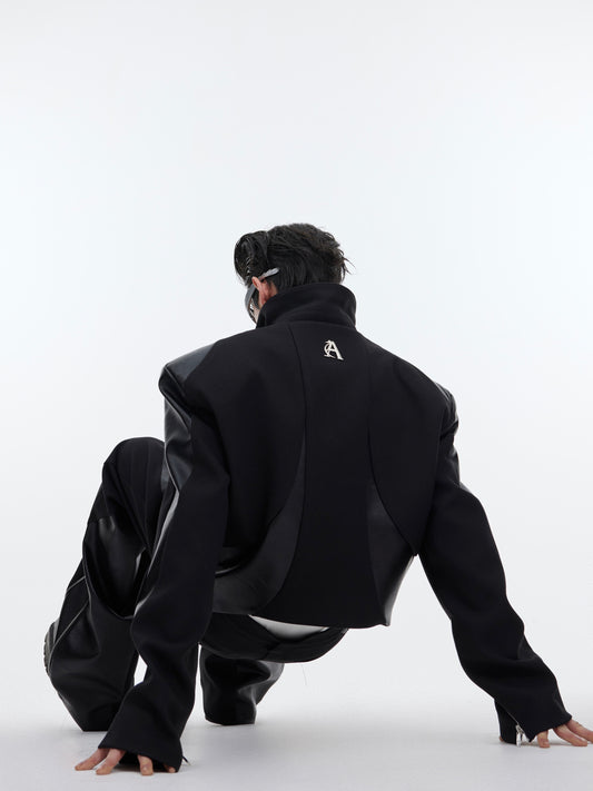 Twill Padded Shoulder Jacket Stitching Leather Coat