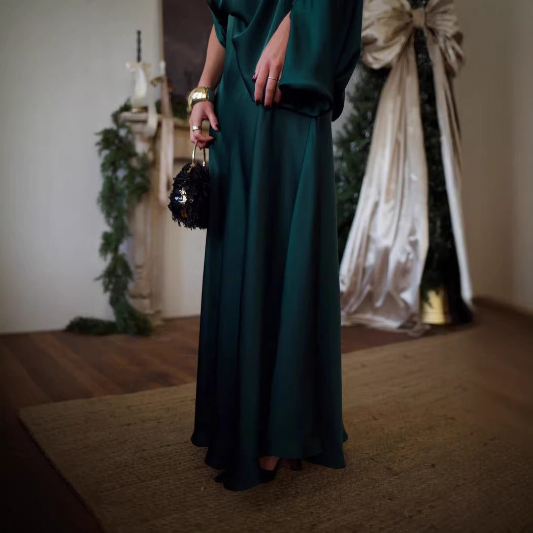 Womens Solid-Color Crew-Neck Long-Sleeve Top Sheath Maxi Skirt