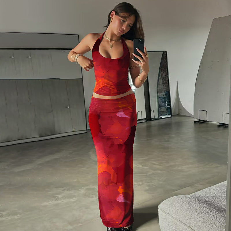 Fashionable Printed Sexy U-Neck Tank Top And Slim-Fit Skirt Set