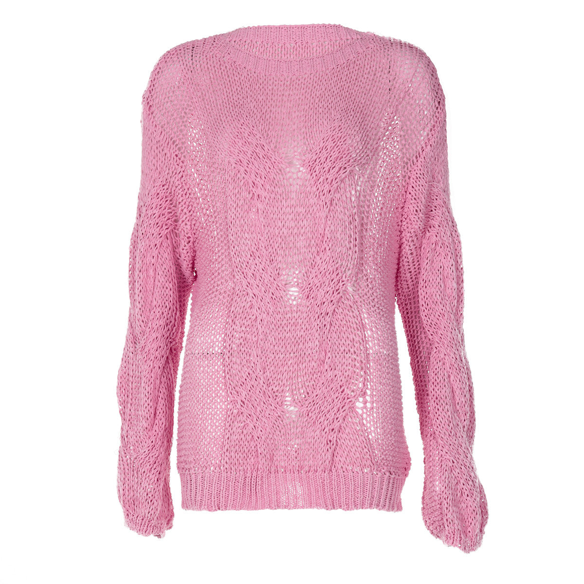Ensfarvet rundhalset kabelstrikket sweater