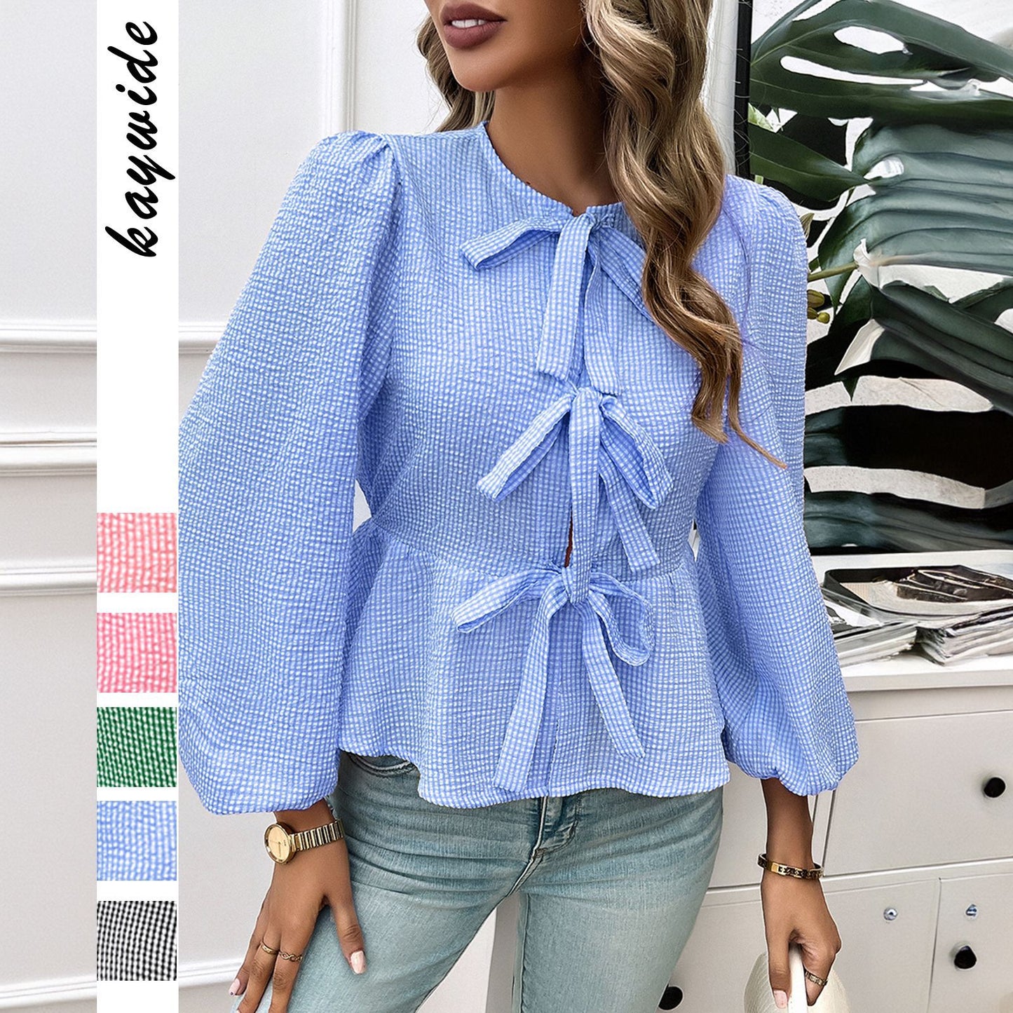 Elegant Design Contrast Color Tied Long Sleeves Shirt