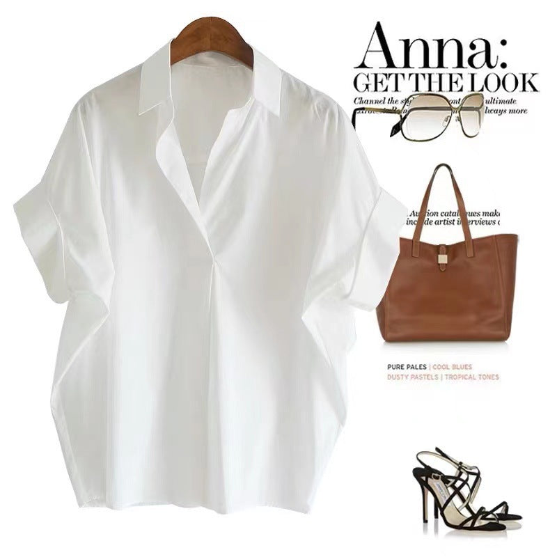 Women's Summer Cotton White Shirt Loose Batwing Sleeve Collar Shirt