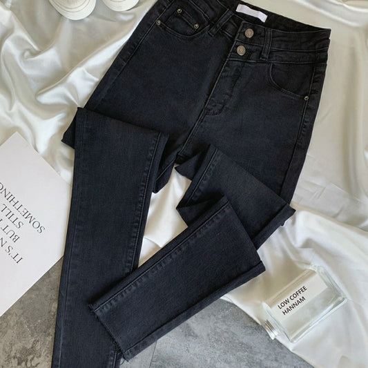 High-waisted Two-button Fur-trimmed Jeans Are Tight And Slim