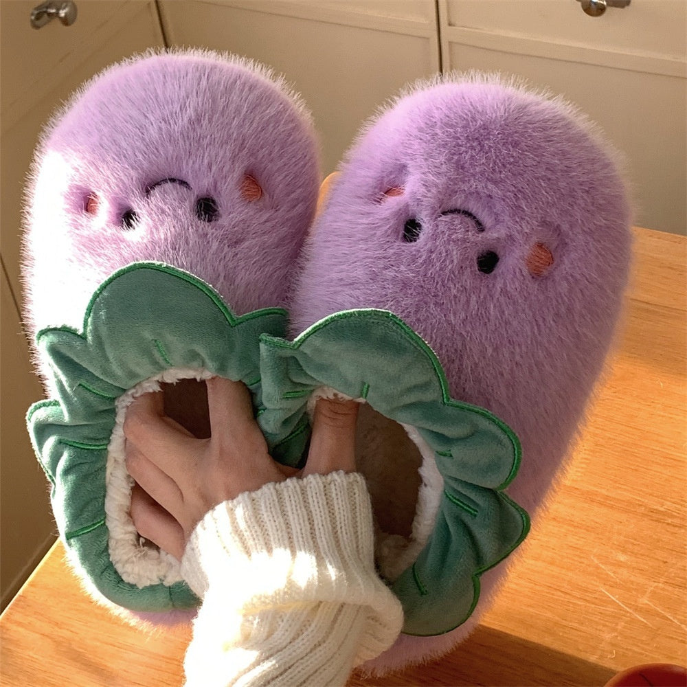 Cute Wind Contrast Color Eggplant Shit Feeling No-skid Floor Cotton Slippers Indoor Warm Soft Sole Shoes