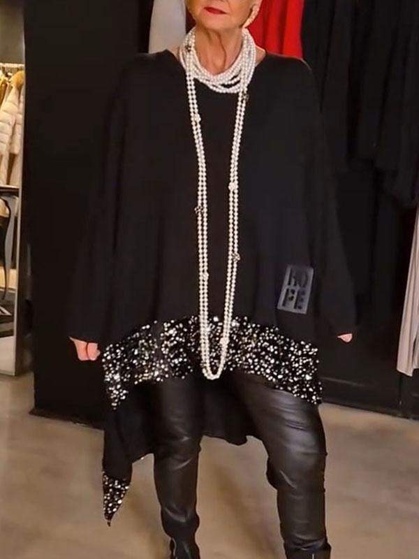 Loose And Irregular Hem Sequin Stitching Round Neck Long Sleeve Top
