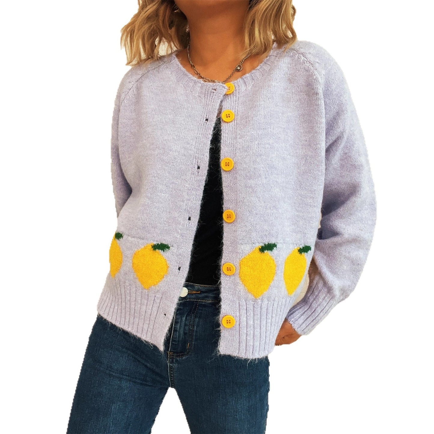 Lemon Jacquard Contrast Color Button Casual Loose Round Neck Sweater