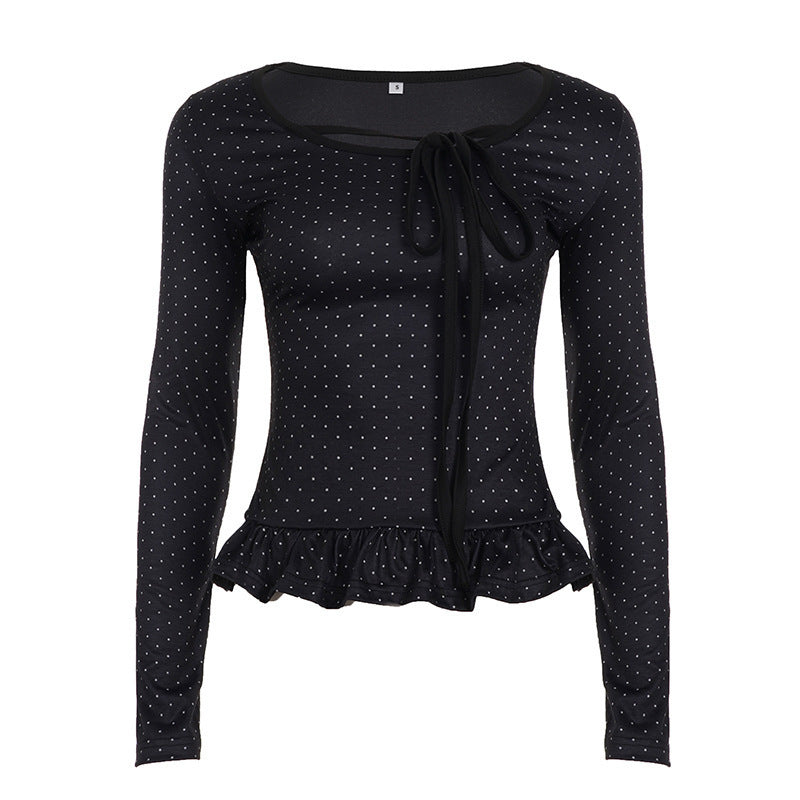 Polka-dot Printed Lace-trimmed Long-sleeve Top For Women