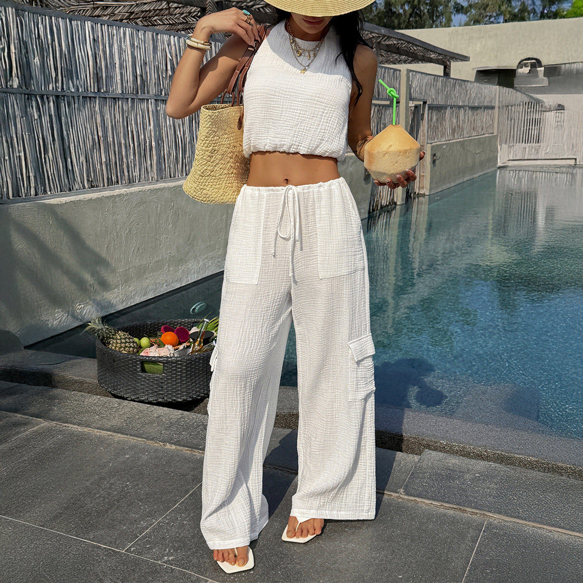 Fashionable Solid-Color Suit Top And Pants Two-Piece Womens Outfit