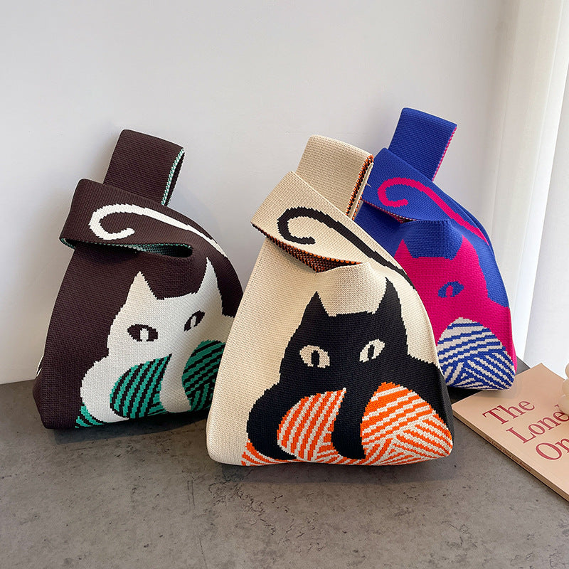 Cute Cartoon Wool Kitty Knitted Bag Women's Off-street Handbag