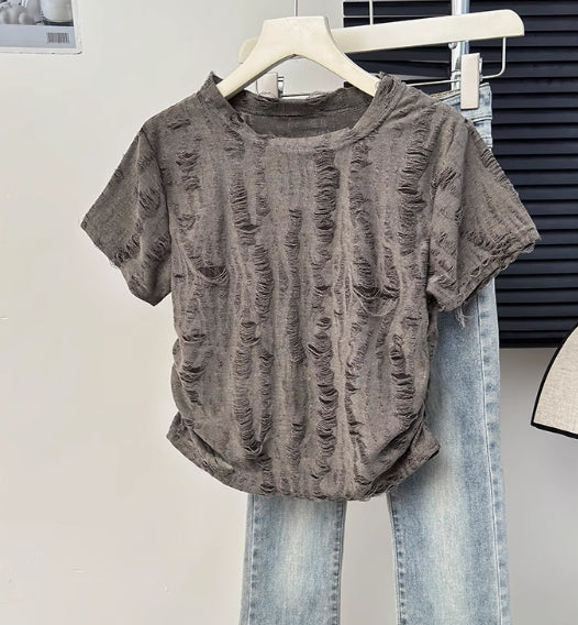 Niche Design Hollow Out Ripped Distressed Short Sleeve