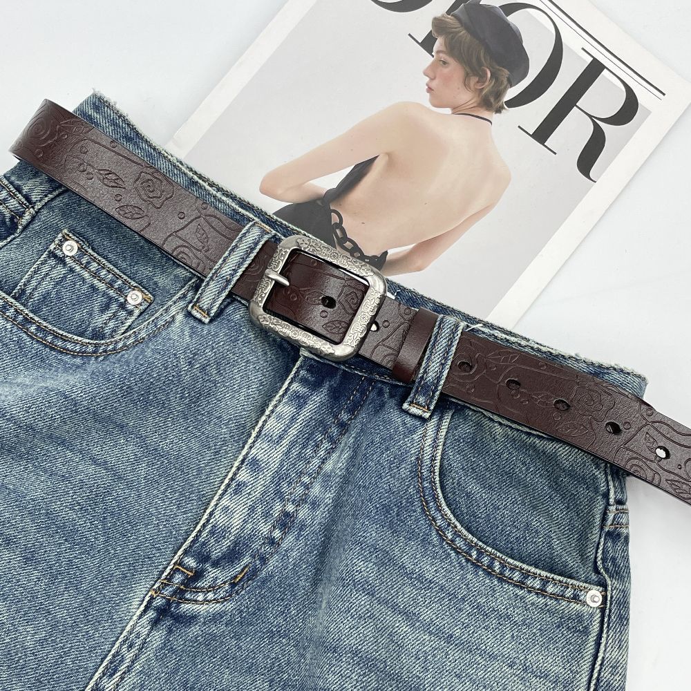 Vintage Leather Belt For Women Fashionable Embossed Cowhide