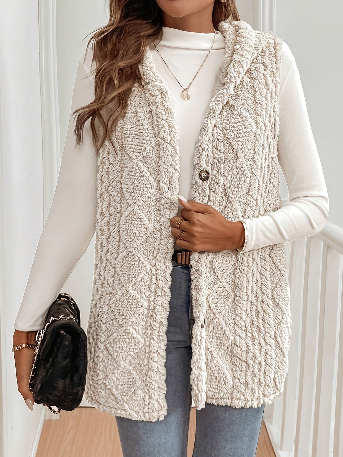 Women's Plush Coat Double-sided Diamond Plaid Texture Wool Fabric Sleeveless