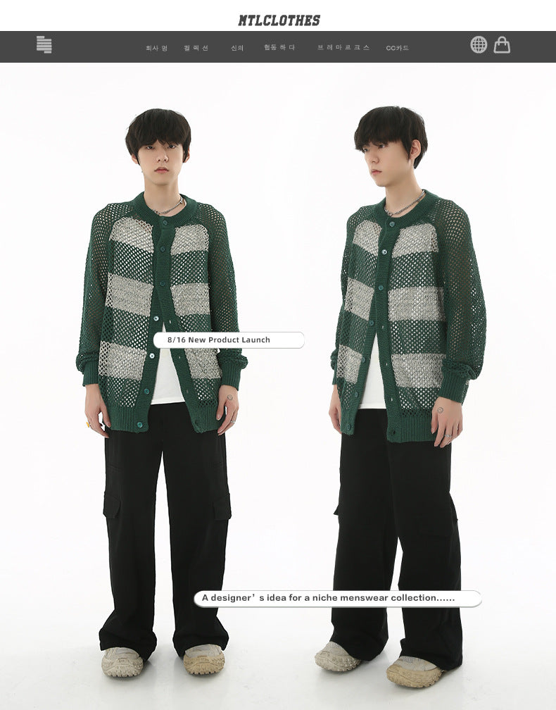 Autumn New Korean Style Contrast Color Striped Hollow Knitted Sweater Coat Ins