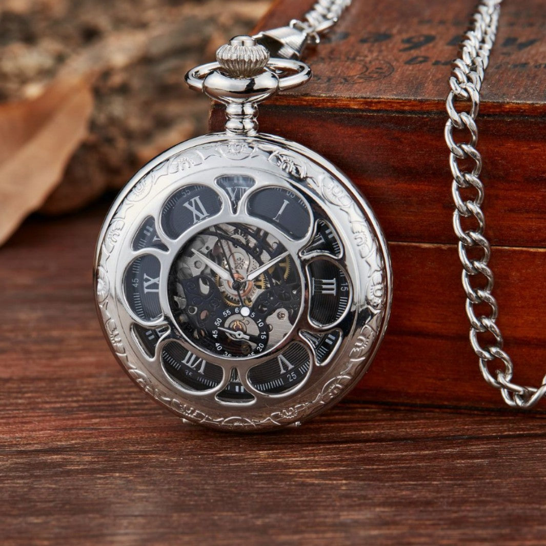 Gun-black Petal Blue-dial Mechanical Pocket Watch