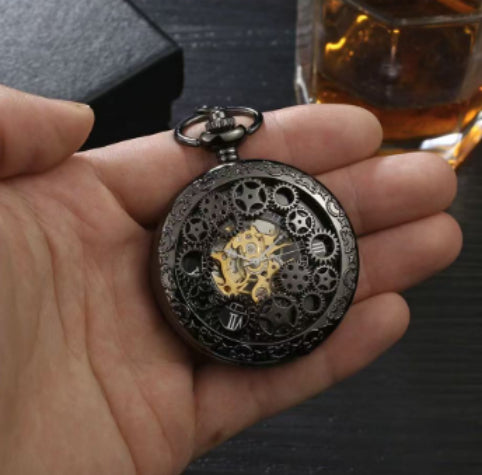 Gear Gun Black Mechanical Pocket Watch Vintage Flip Denim Chain Hollow Pocket Watch Men's And Ladies' Watches