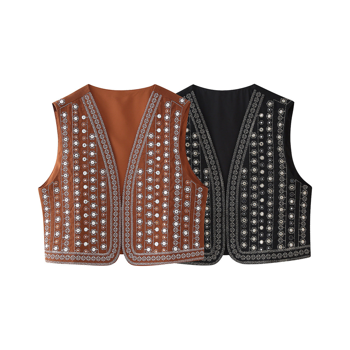 New Autumn Fast-Fashion Beaded Embroidery VestChesnut