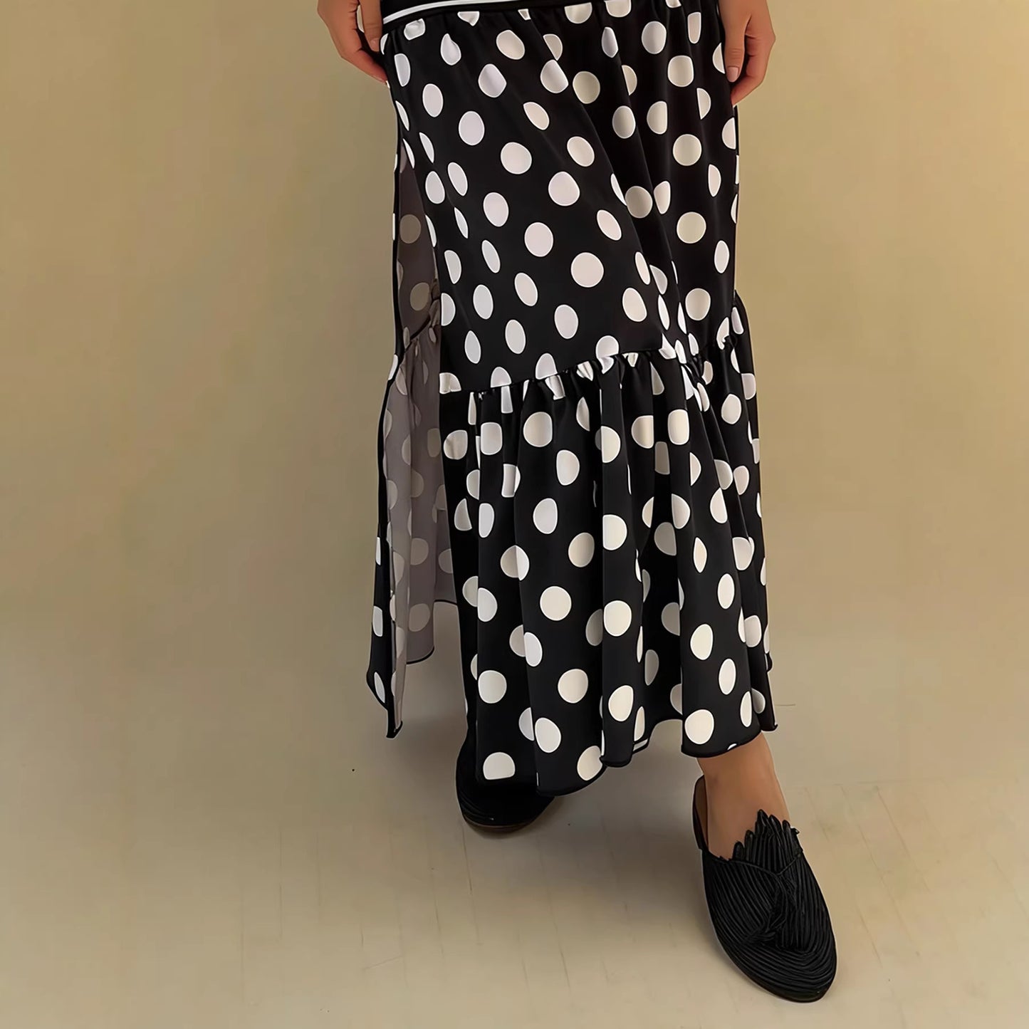 Striped And Polka-dot Long Skirt With A Slit