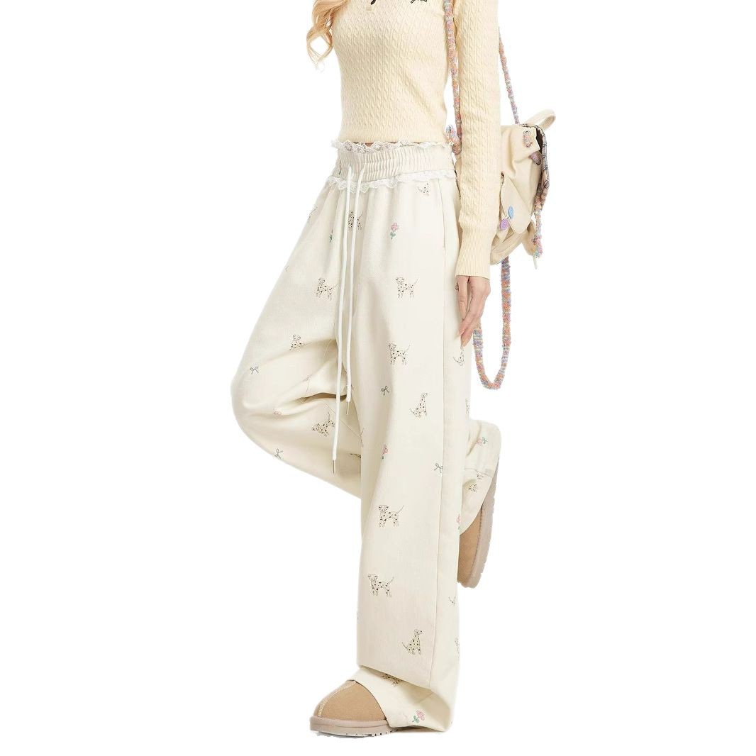 Womens Lace-Patchwork Casual Straight Pants With Puppy Print