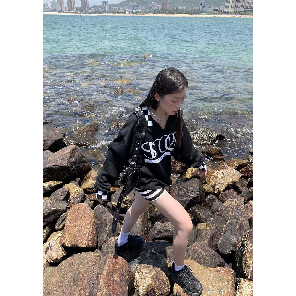 Letter Checker Lapel Pullover Sweatshirt