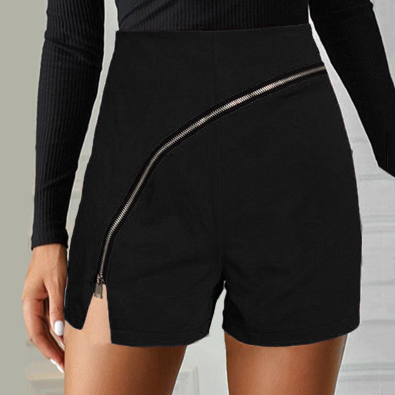 New Casual Women's Pure Color Personality Diagonal Zipper Split Casual Shorts