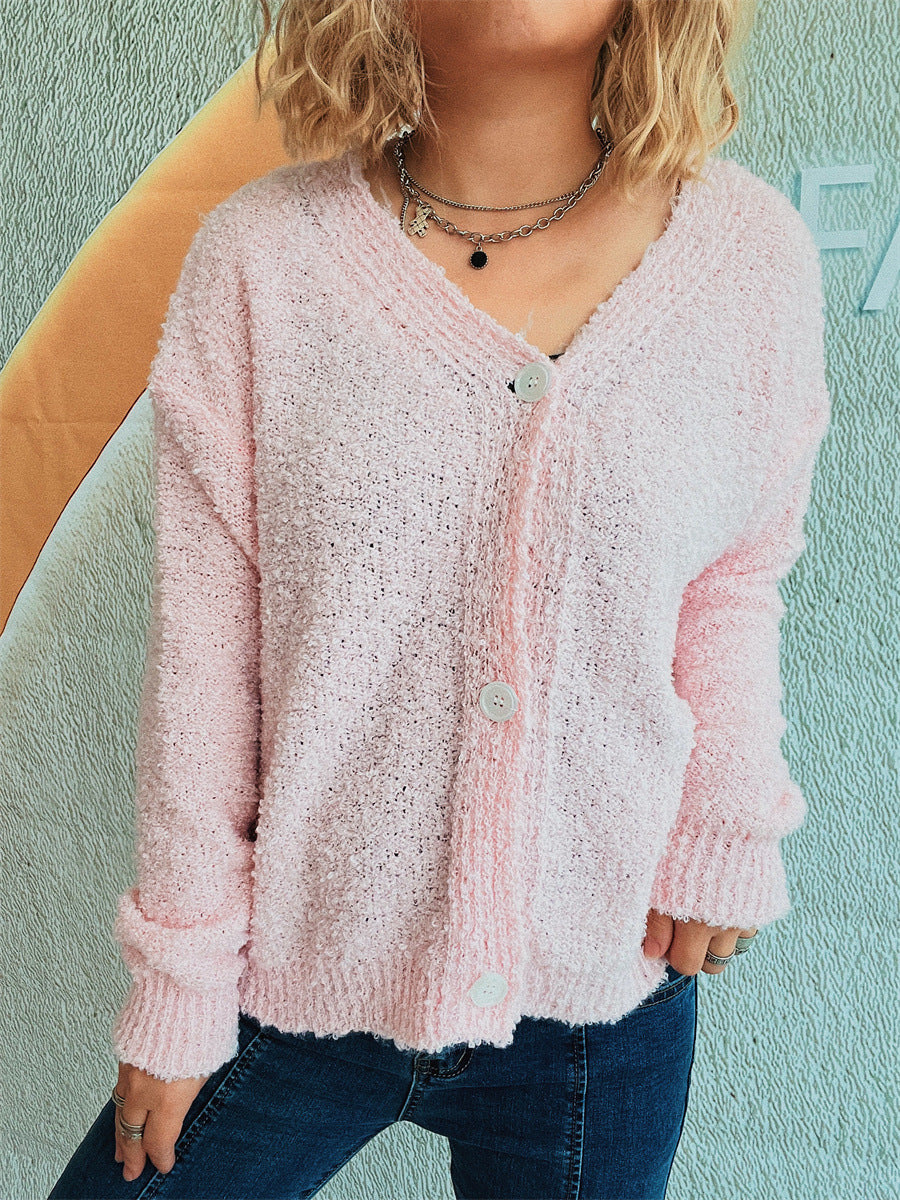 Solid Color And V-neck Single-breasted Long Sleeve Seersucker Knitted Cardigan Coat For Women