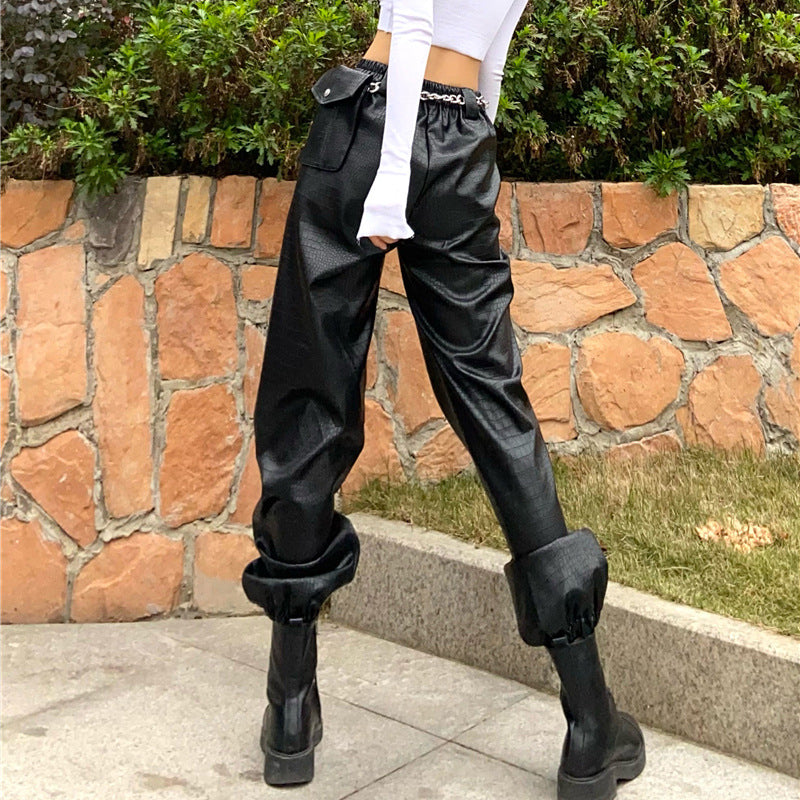 Women's Black Scaly Leather Overalls
