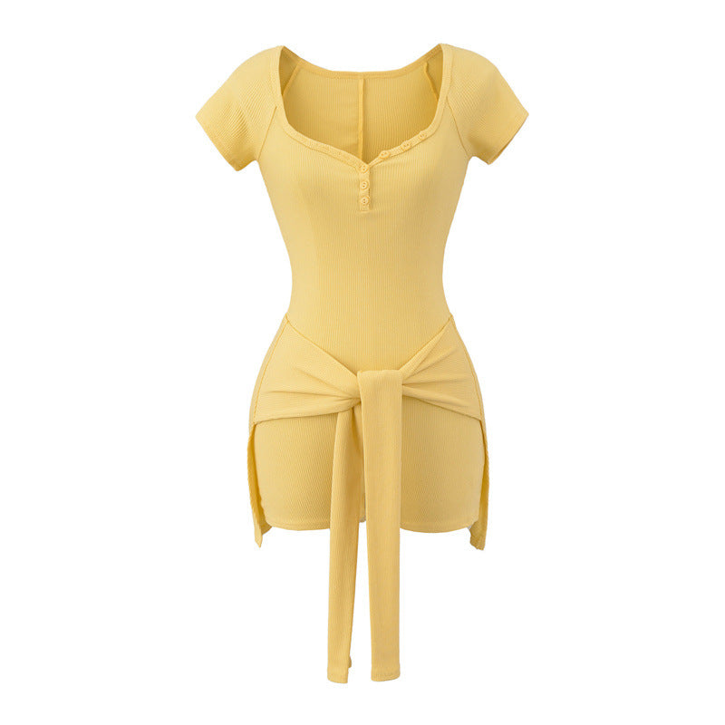 European And American Style Design Sense Peach Collar Waist Tied Jumpsuit