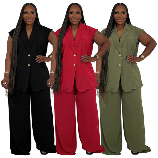 Women's V-Neck Sleeveless Fashionable Casual Two-Piece Set