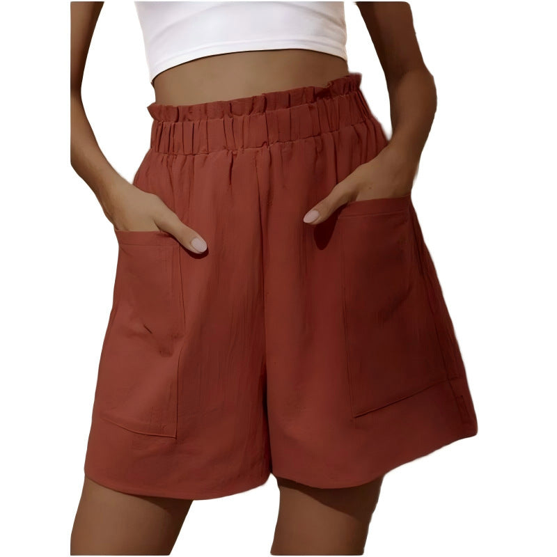 Solid-color High-waist Shorts Womens Wide-leg Pants