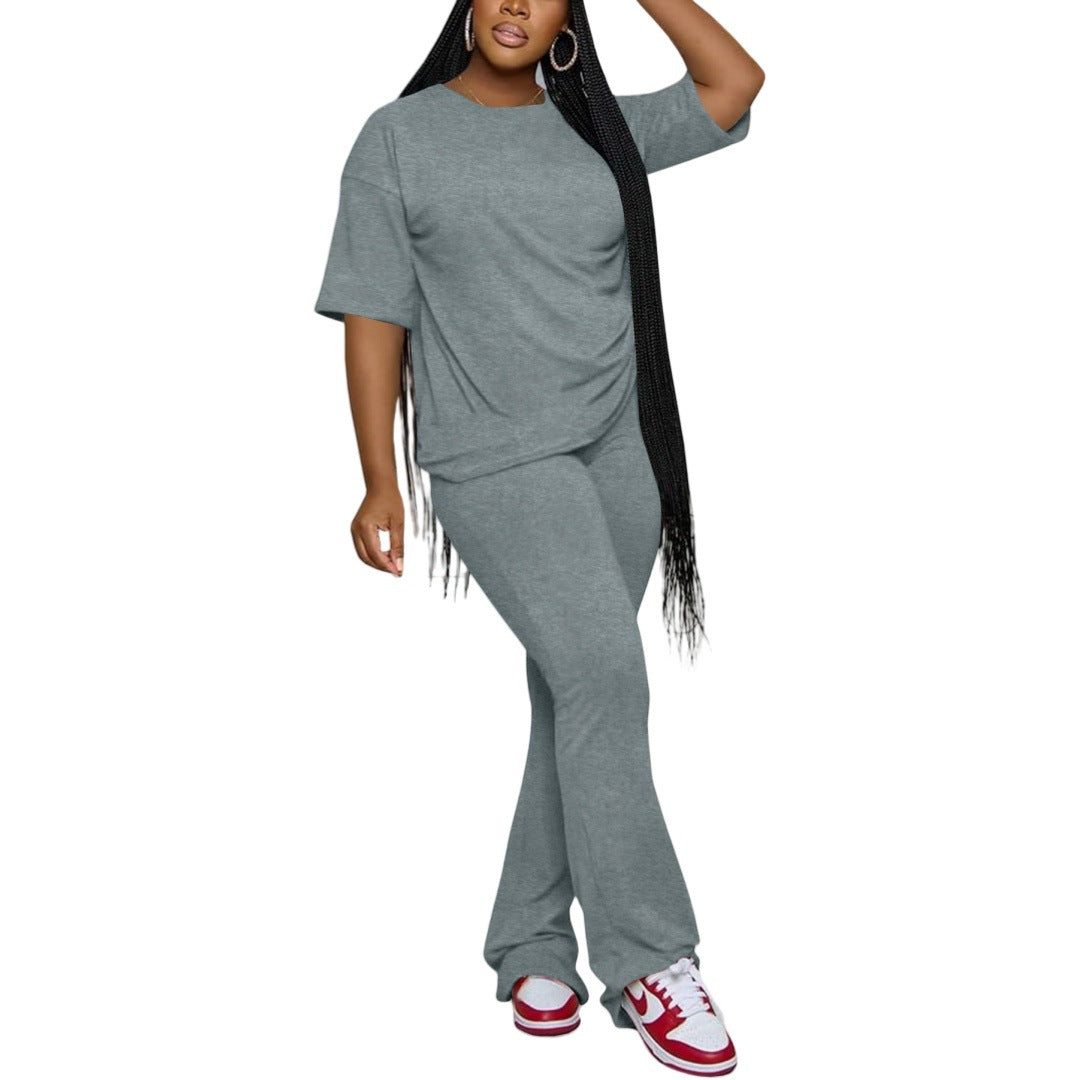 Casual Solid-Color Cotton-Like Crew-Neck Two-Piece Set