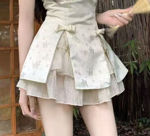 Buttoned-loop Puff-sleeve Skirt Two-piece Set