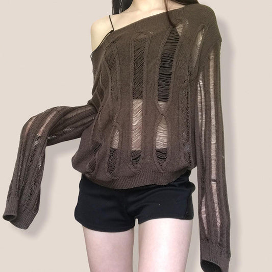 Temperament Crew Neck Long Sleeve Hollow-out Loose Casual Bottoming Sweater