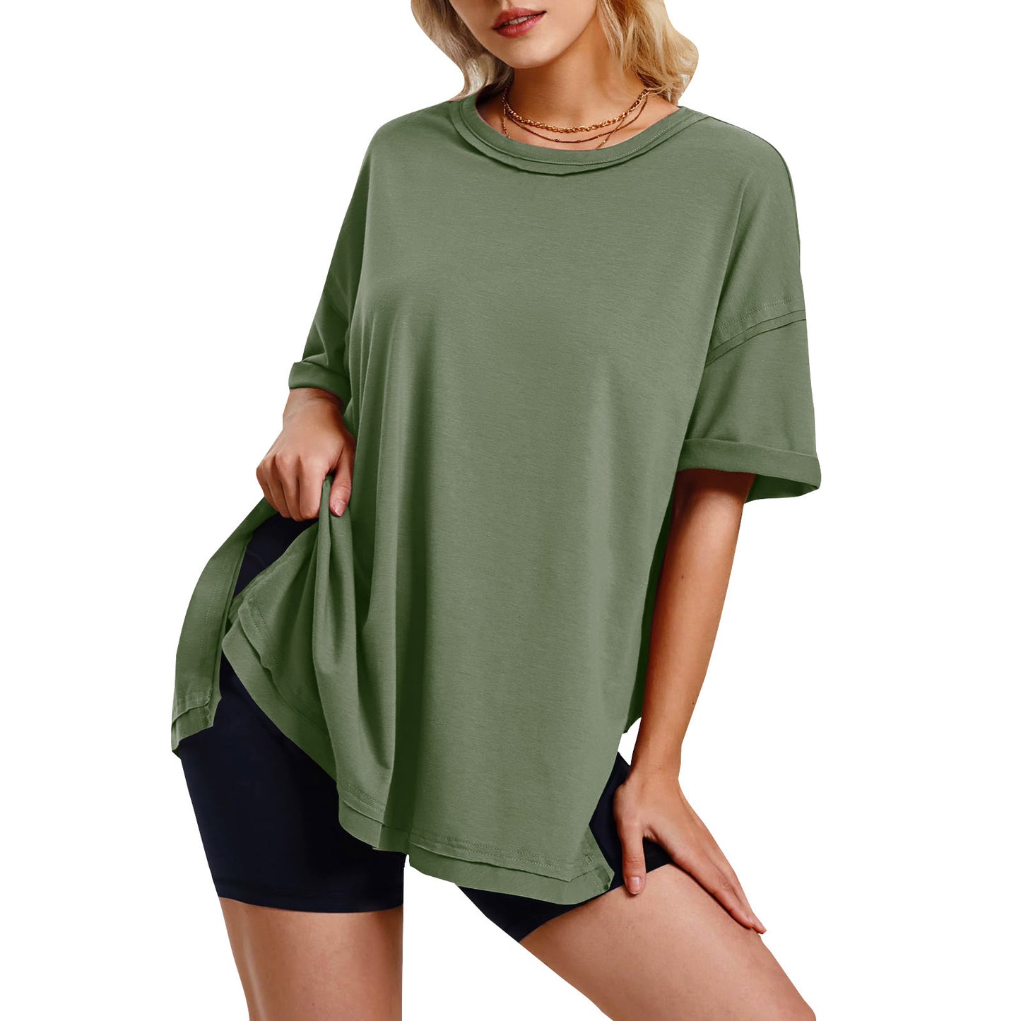 Women's Solid Color Cotton Round Neck Slits On Both Sides Loose T-shirt