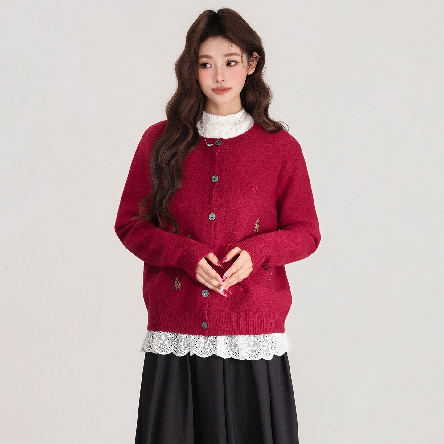Red Embroidered Button Front Long Sleeve Knitted Cardigan Women's Sweater