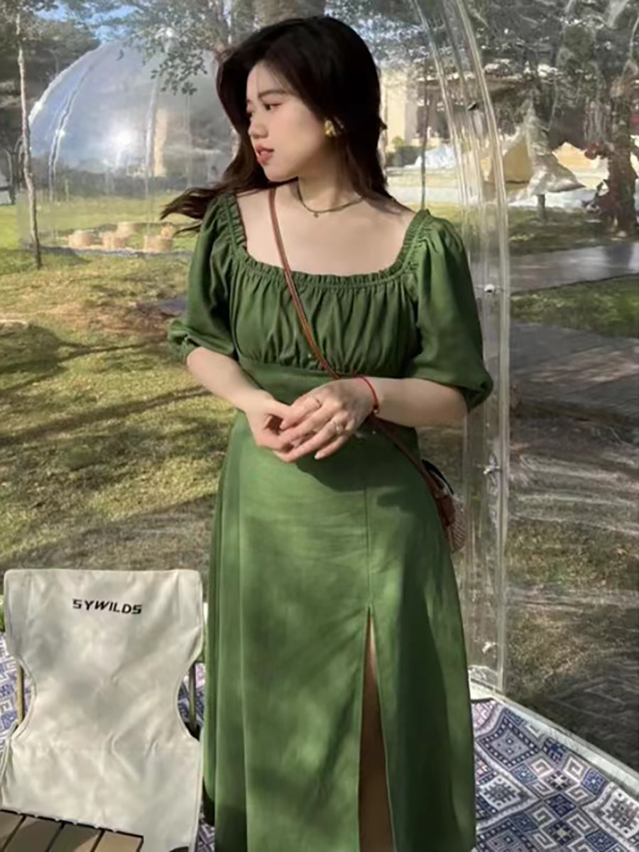 French Vintage Bubble Sleeve Square Neck Pleated Dress