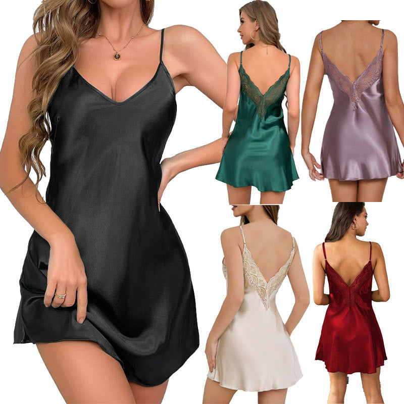 Womens Slip Dress With Lace Trim Made From Imitation Silk Satin