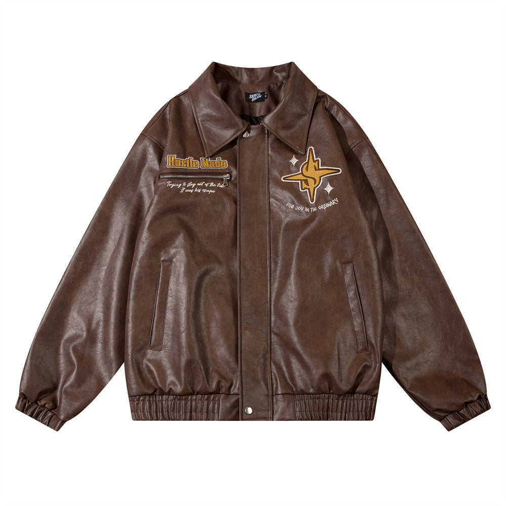 European And American Letters Embroidered Lapel Loose Leather Coat
