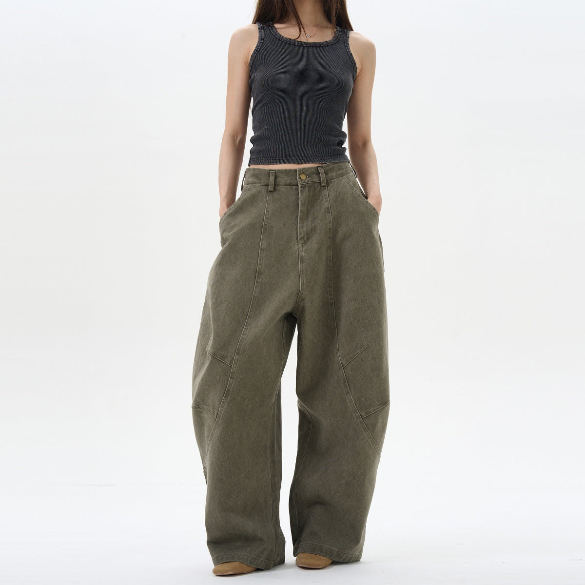 Green Brown Loose Matchet Pants Men And Women